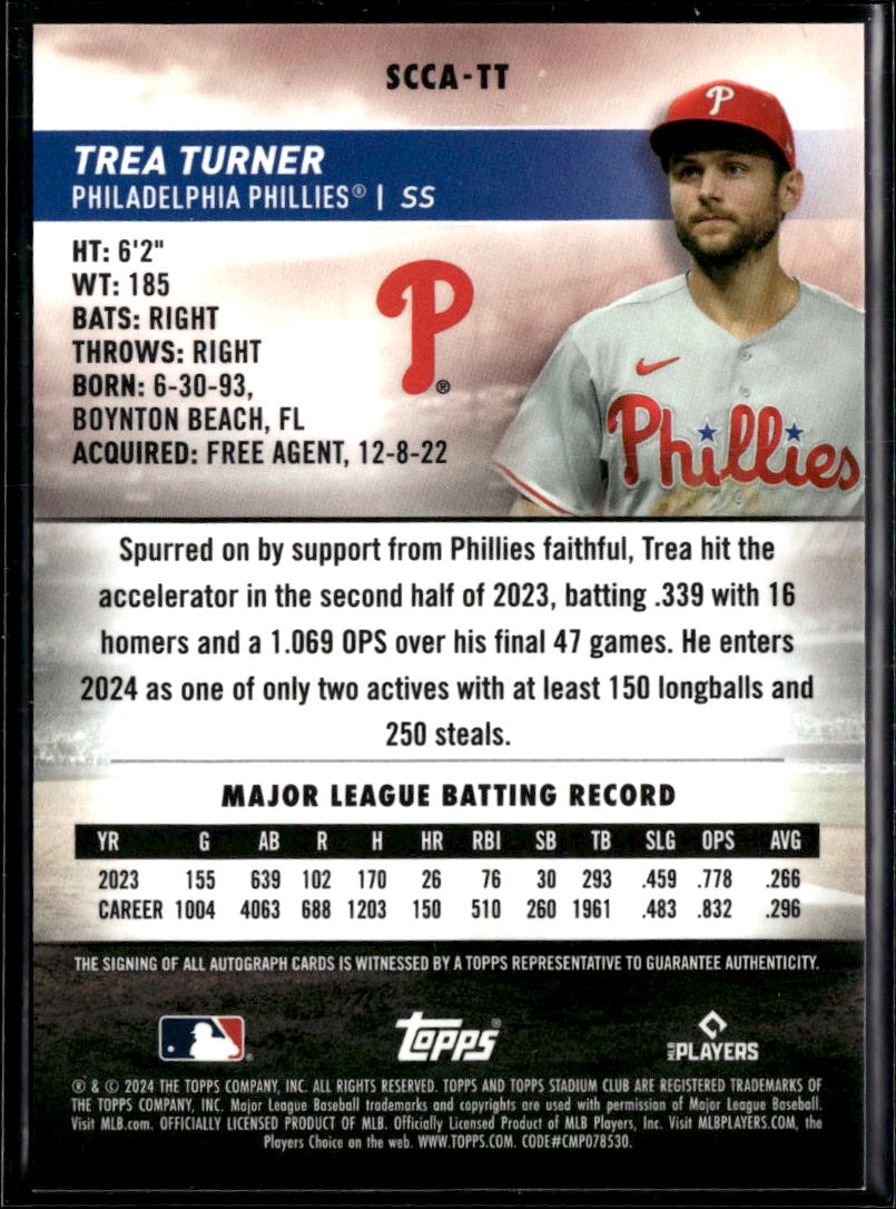 Trea Turner 2024 Topps Stadium Club Chrome Auto Autograph Red 5/50 Phillies