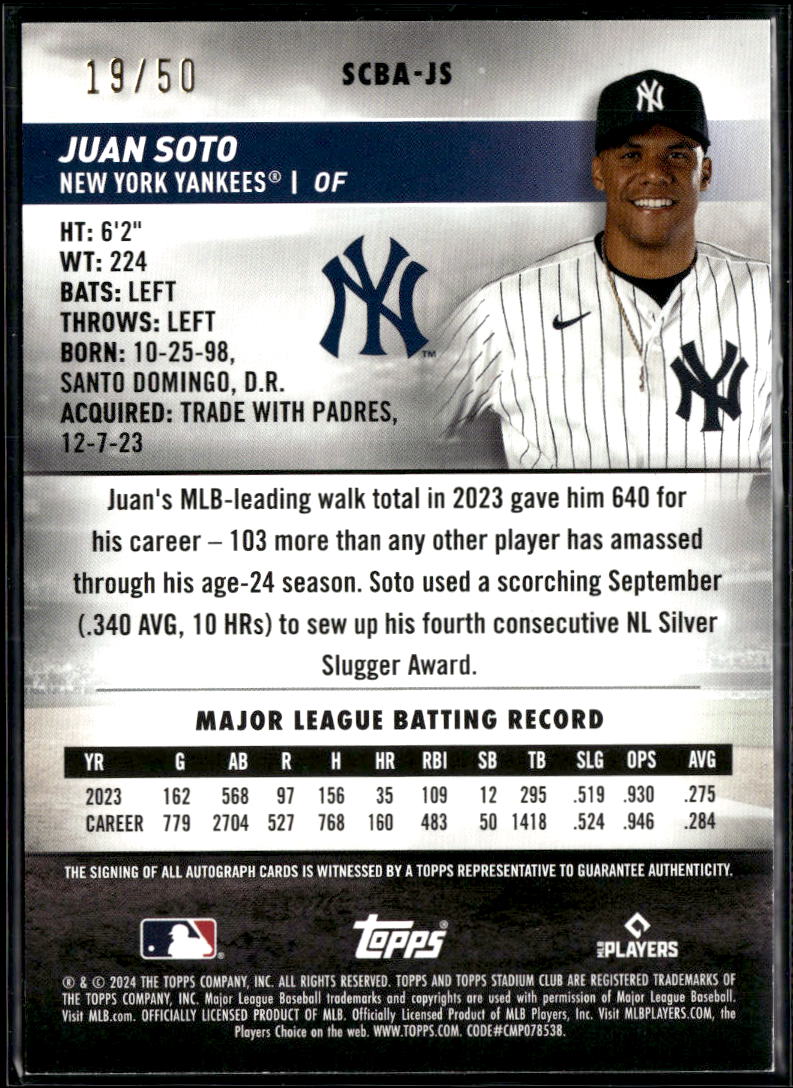 Juan Soto 2024 Topps Stadium Club Auto Autograph Red 19/50 New York Yankees