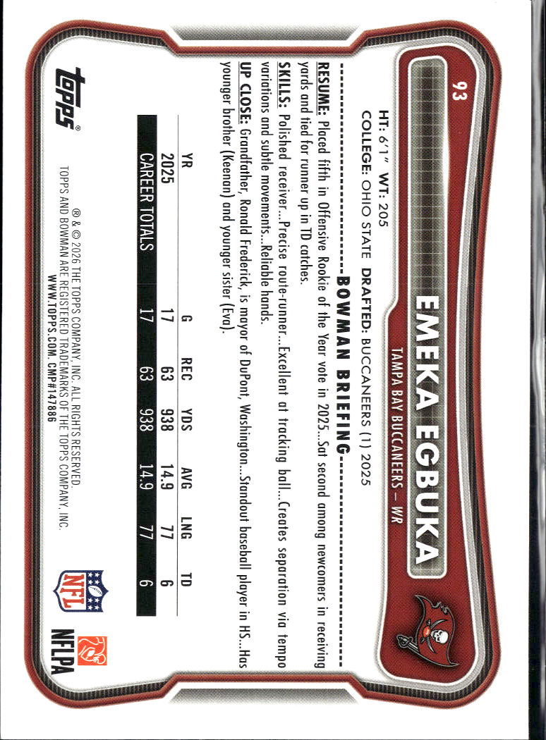 Emeka Egbuka 2026 Bowman Purple Parallel 62/75 Tampa Bay Buccaneers