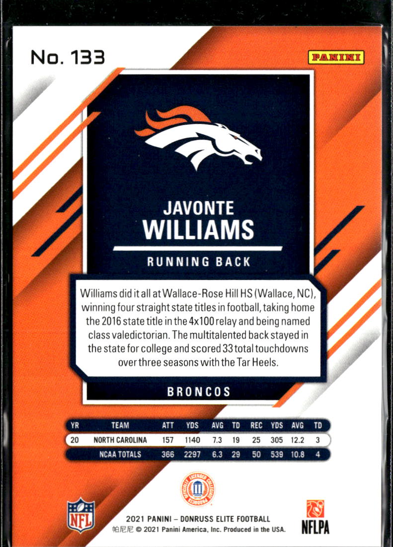 Javonte Williams 2021 Elite RC Rookie /999 Denver Broncos