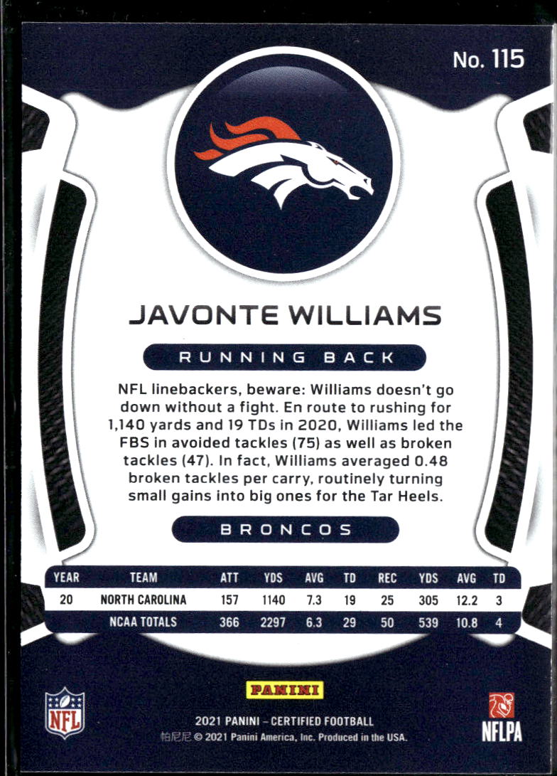 Javonte Williams 2021 Panini Certified RC Rookie /299 Denver Broncos