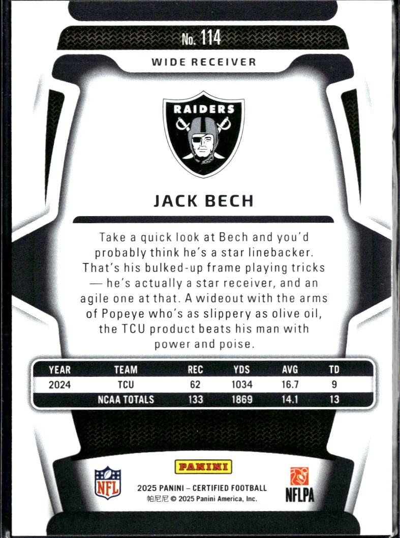 Jack Bech 2025 Certified Rookie RC /399 Las Vegas Raiders