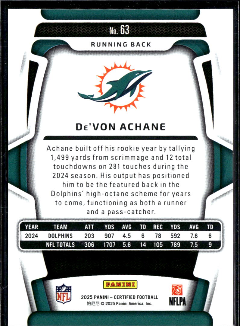 De'Von Achane 2025 Certified Mirror Pink /225 Miami Dolphins