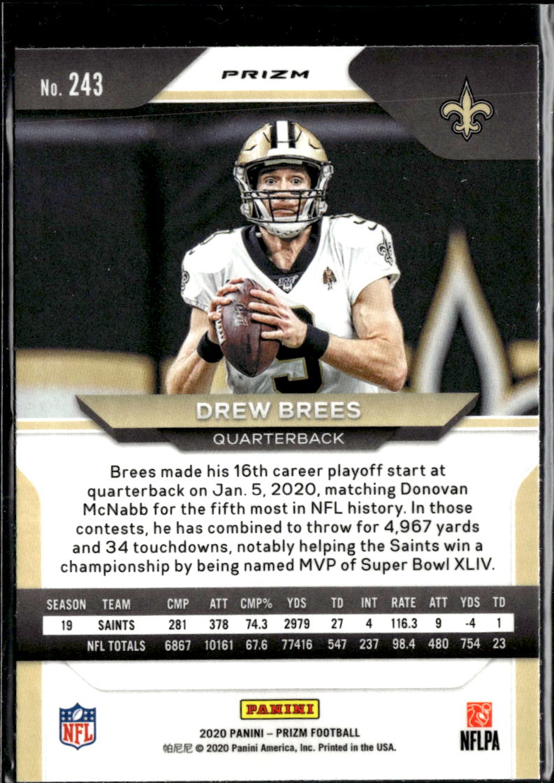 Drew Brees 2020 Panini Prizm Silver Prizm New Orleans Saints