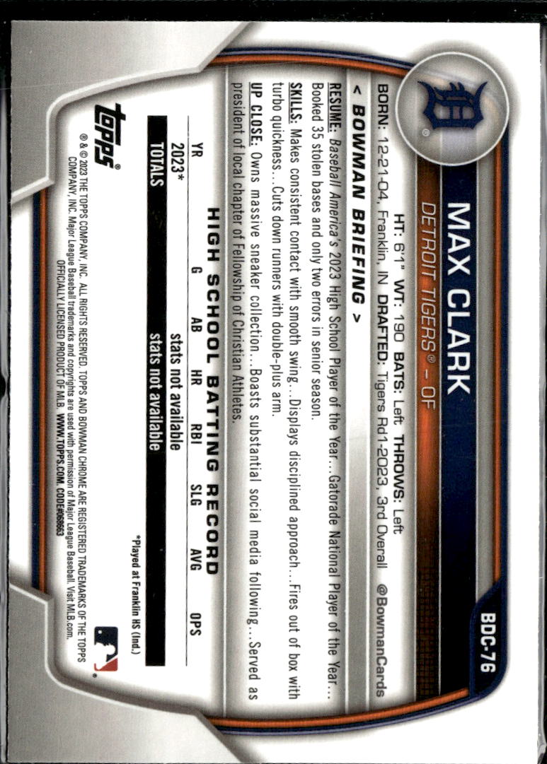 Max Clark 2023 Bowman Chrome 1st Rookie RC Detroit Tigers