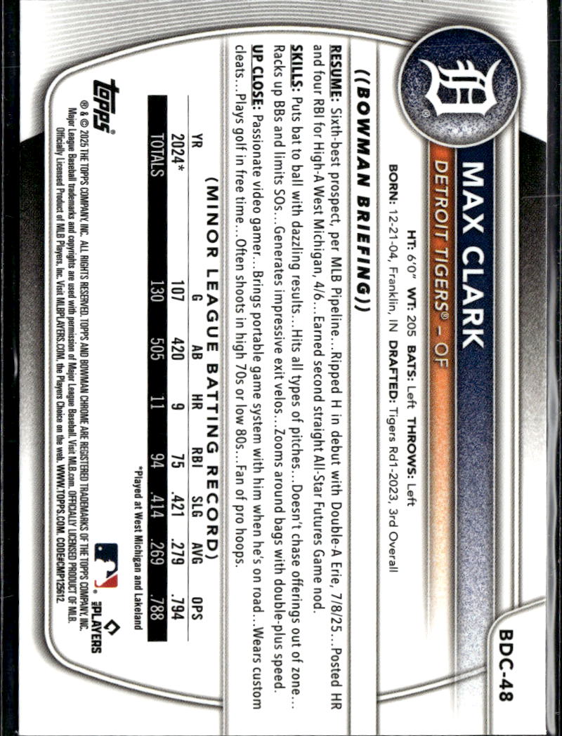 Max Clark 2025 Bowman Chrome Checkerboard Detroit Tigers