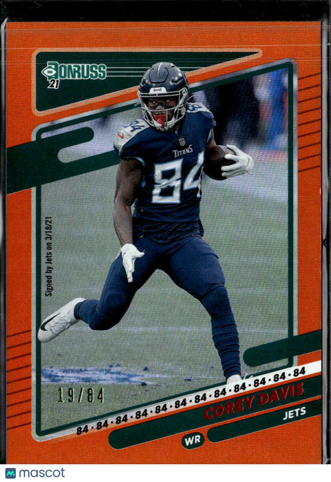 Corey Davis 2021 Donruss Orange Jersey Number 19/84 New York Jets