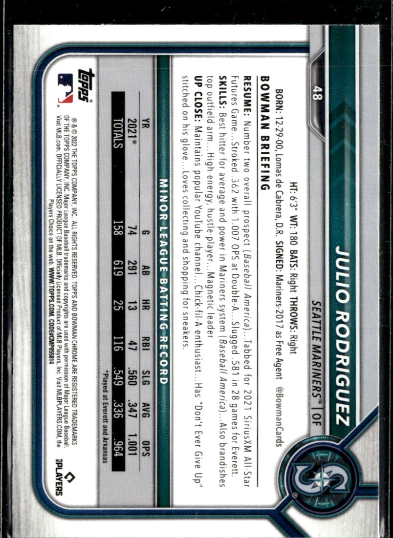Julio Rodriguez 2022 Bowman Chrome Rookie RC Seattle Mariners