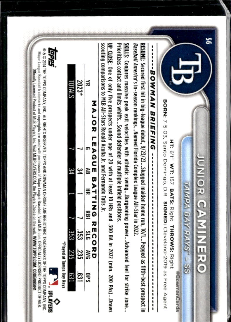 Junior Caminero 2024 Bowman Chrome Rookie RC Tampa Bay Rays
