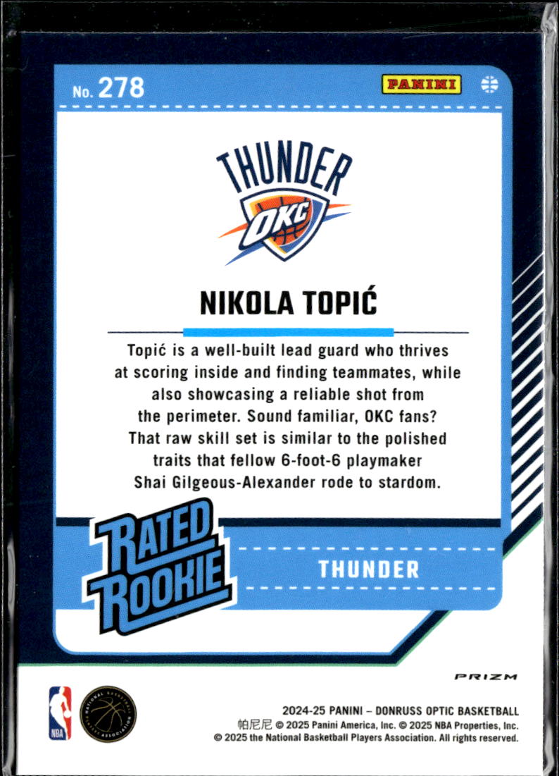 Nikola Topic 2024-25 Optic Purple Shimmer Rated Rookie Oklahoma City Thunder