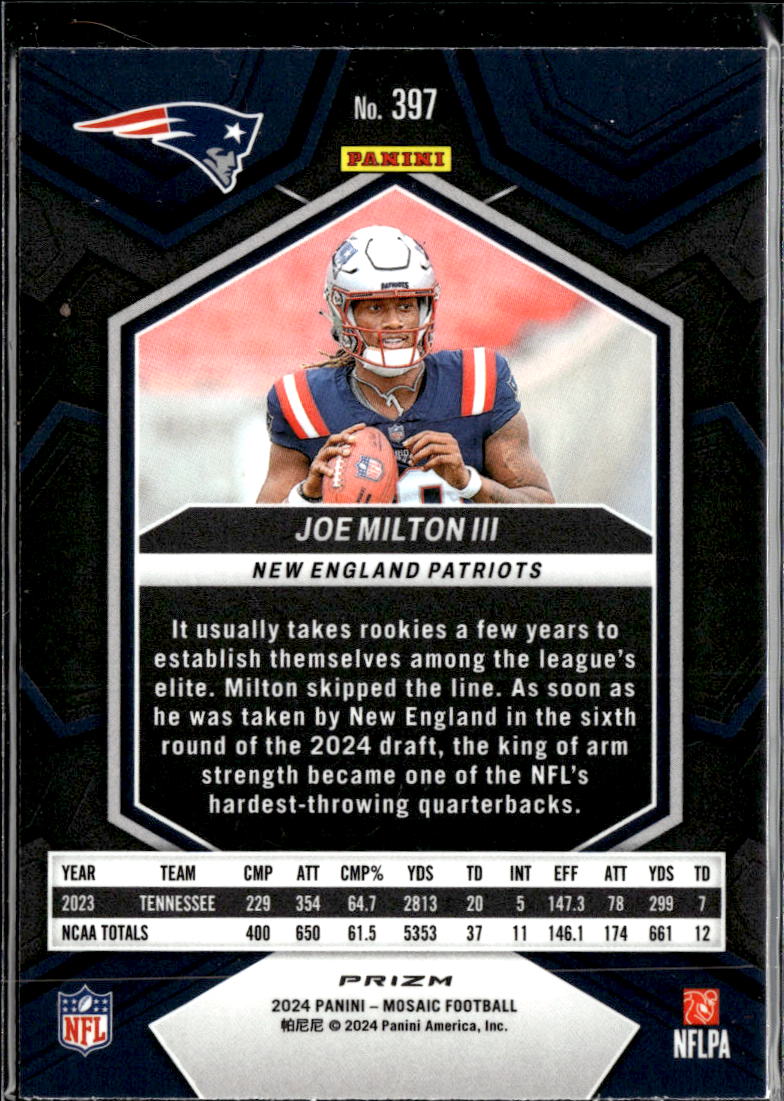 Joe Milton III 2024 Mosaic RC Blue Reactive Prizm Rookie New England Patriots