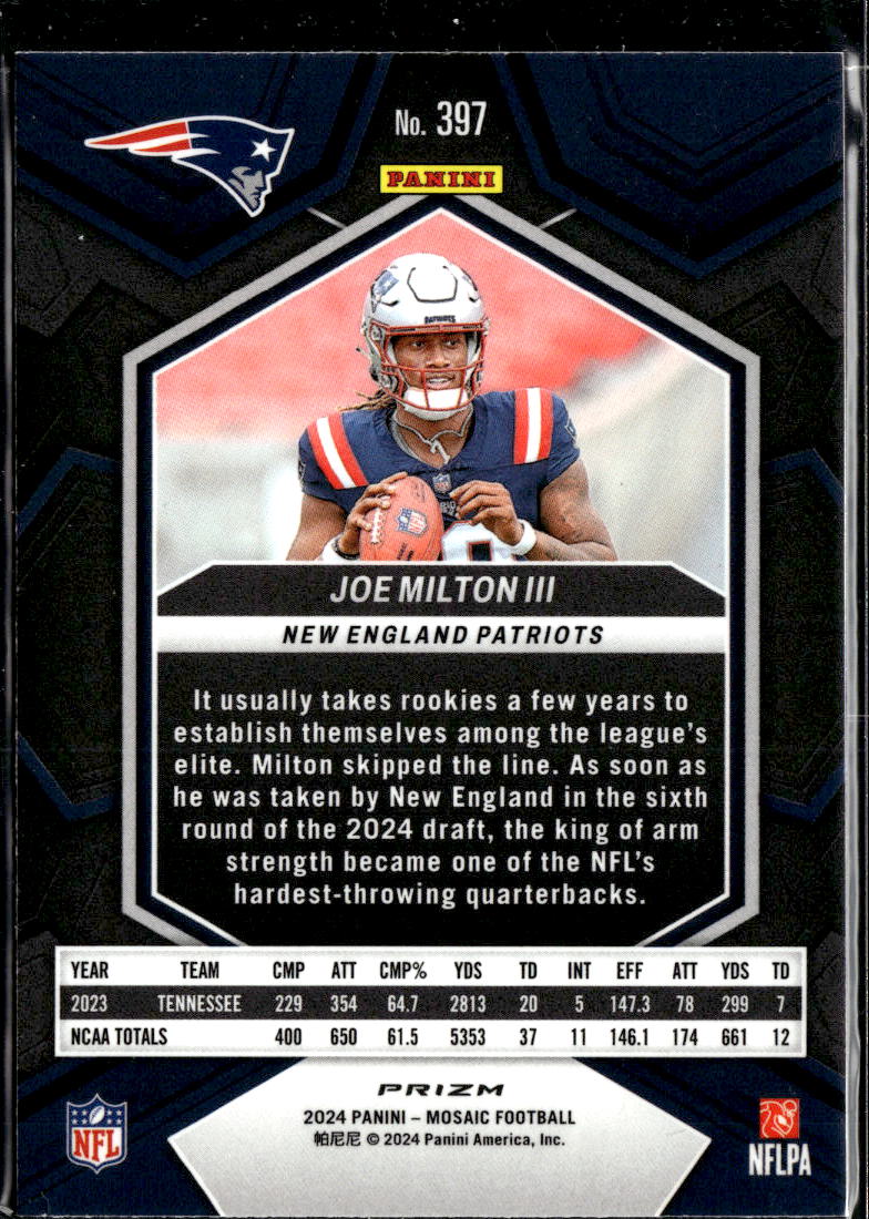 Joe Milton III 2024 Mosaic Rookie RC Green New England Patriots