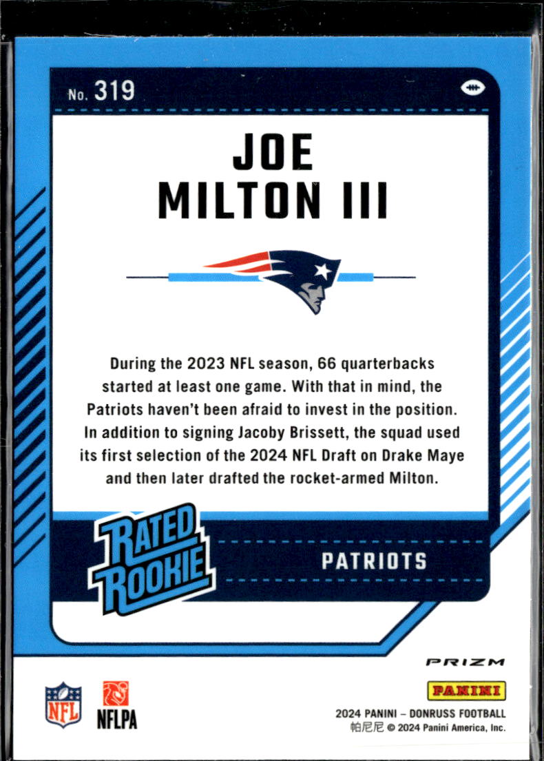 Joe Milton III 2024 Optic Rated Rookie Red Green New England Patriots