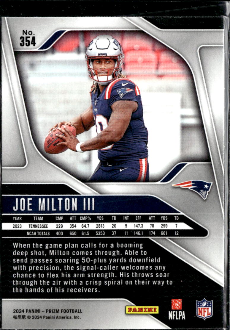 Joe Milton III 2024 Panini Prizm Rookie RC New England Patriots