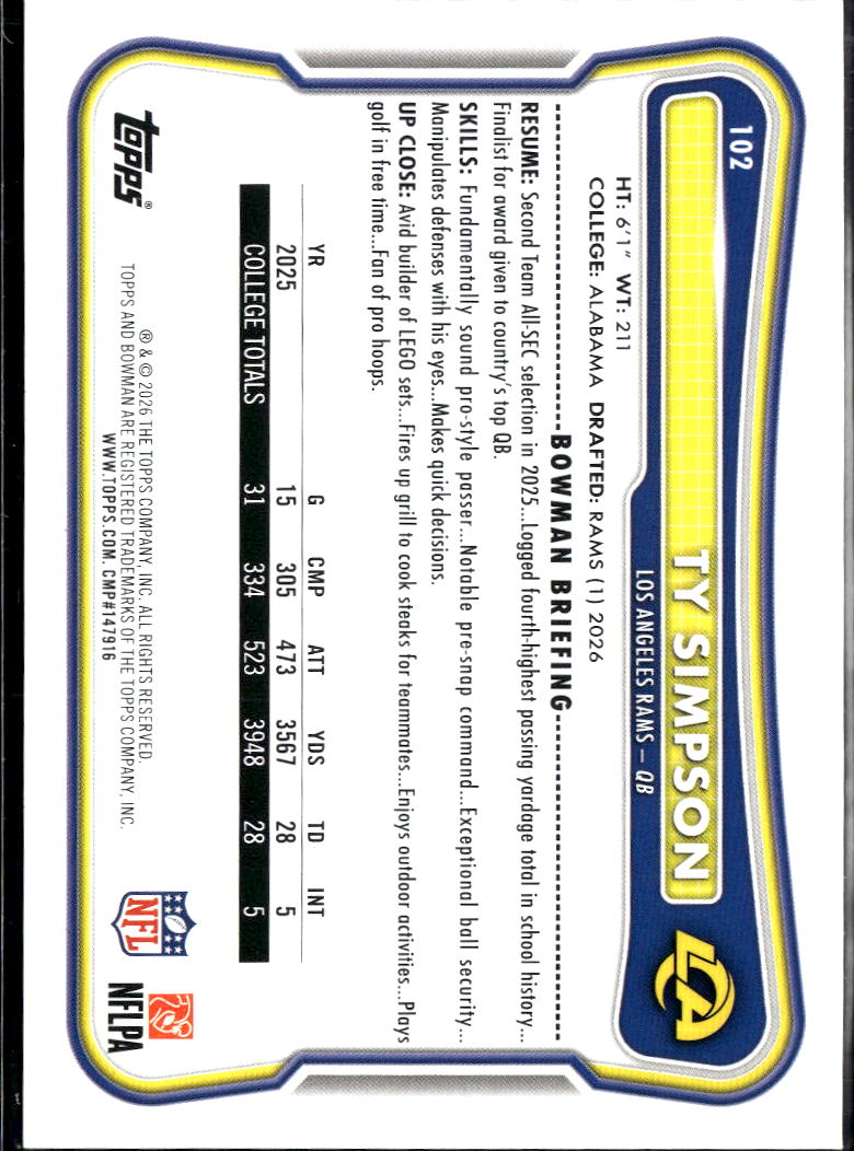 Ty Simpson 2026 Bowman Rookie RC Los Angeles Rams