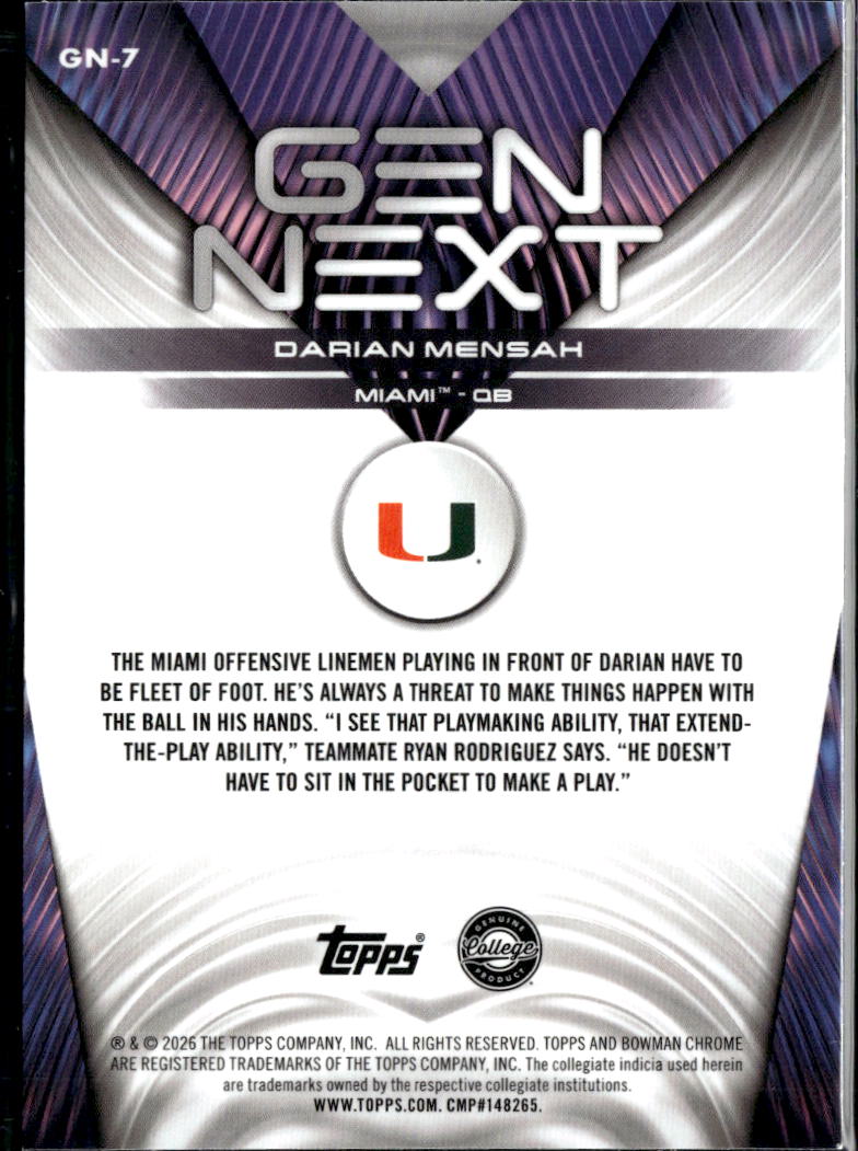 Darian Mensah 2026 Bowman Chrome University Gen Next RC Miami Hurricanes