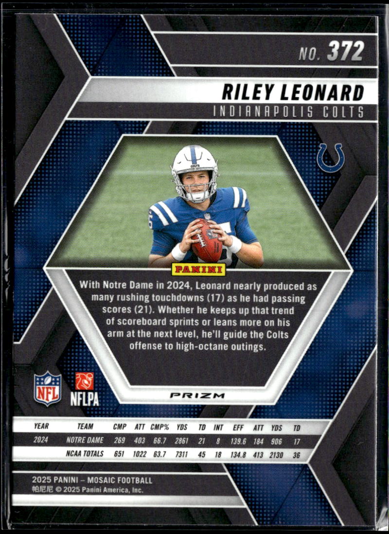 Riley Leonard 2025 Mosaic RC Blue Reactive Rookie Indianapolis Colts