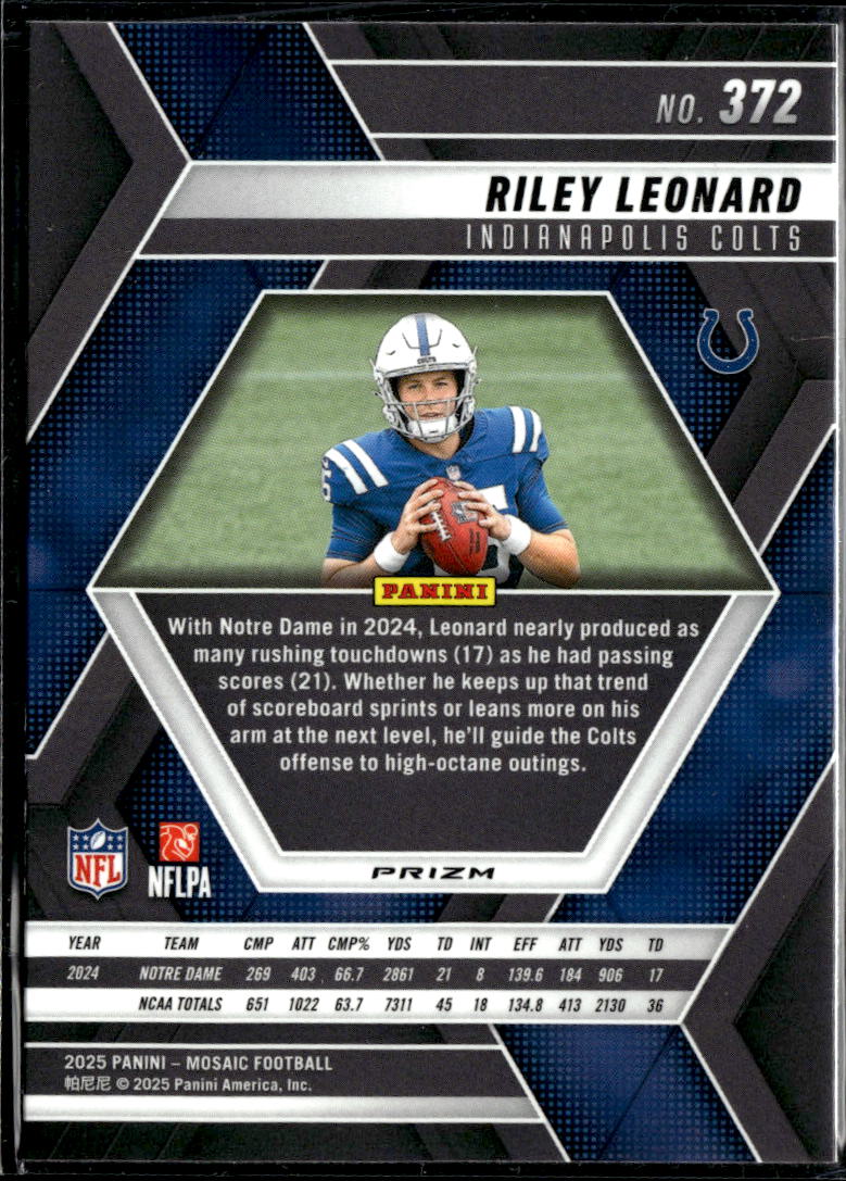 Riley Leonard 2025 Mosaic Purple Reactive Rookie RC Indianapolis Colts