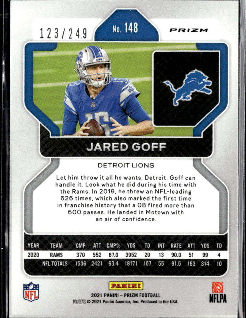 Jared Goff 2021 Panini Prizm Orange Prizm 123/249 Detroit Lions