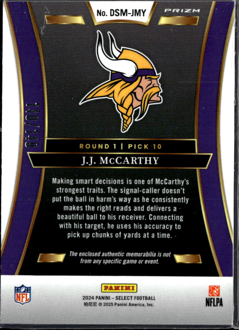 J.J. McCarthy 2024 Select Jersey Patch RC 140/149 Minnesota Vikings