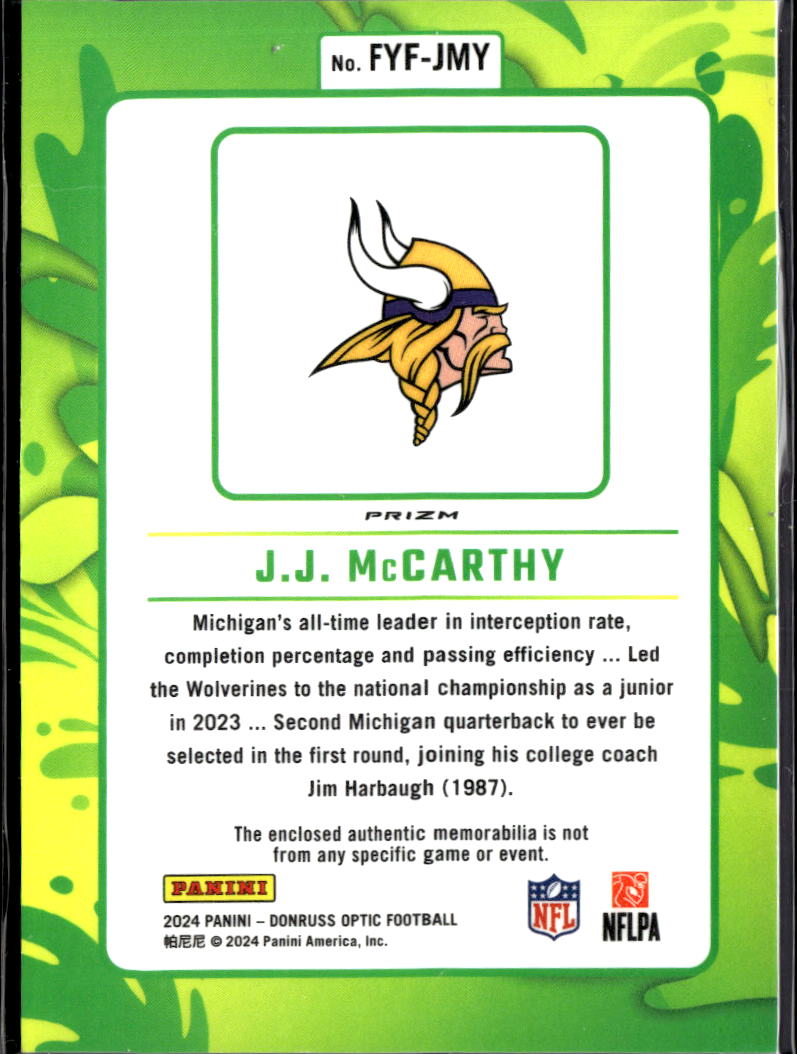 J.J. McCarthy 2024 Optic Jersey Patch RC Minnesota Vikings