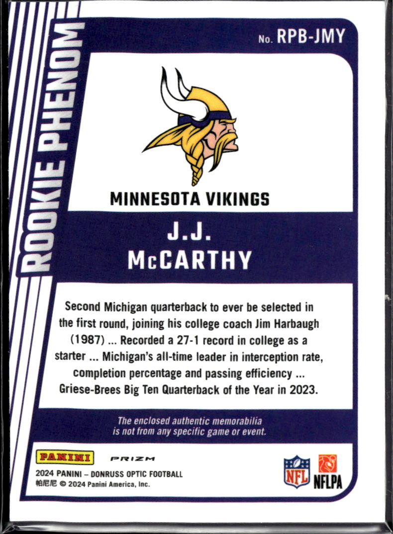 J.J. McCarthy 2024 Optic Blue Jersey Patch Rookie RC Minnesota Vikings