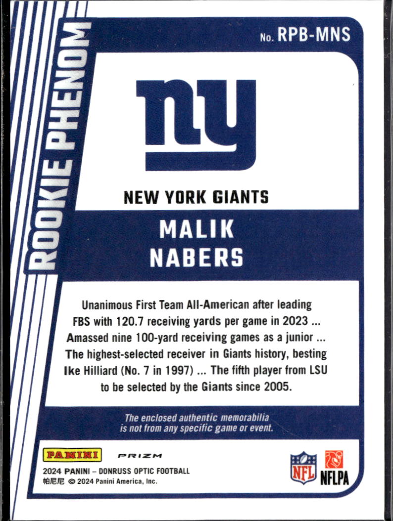 Malik Nabers 2024 Optic Blue Jersey Patch Rookie RC New York Giants