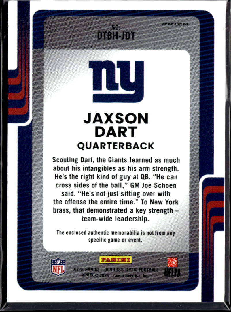 Jaxson Dart 2025 Optic Blue Jersey Patch RC New York Giants