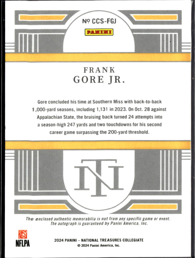 Frank Gore Jr. 2024 National Treasures Auto Autograph Patch RC /99 Southern Miss