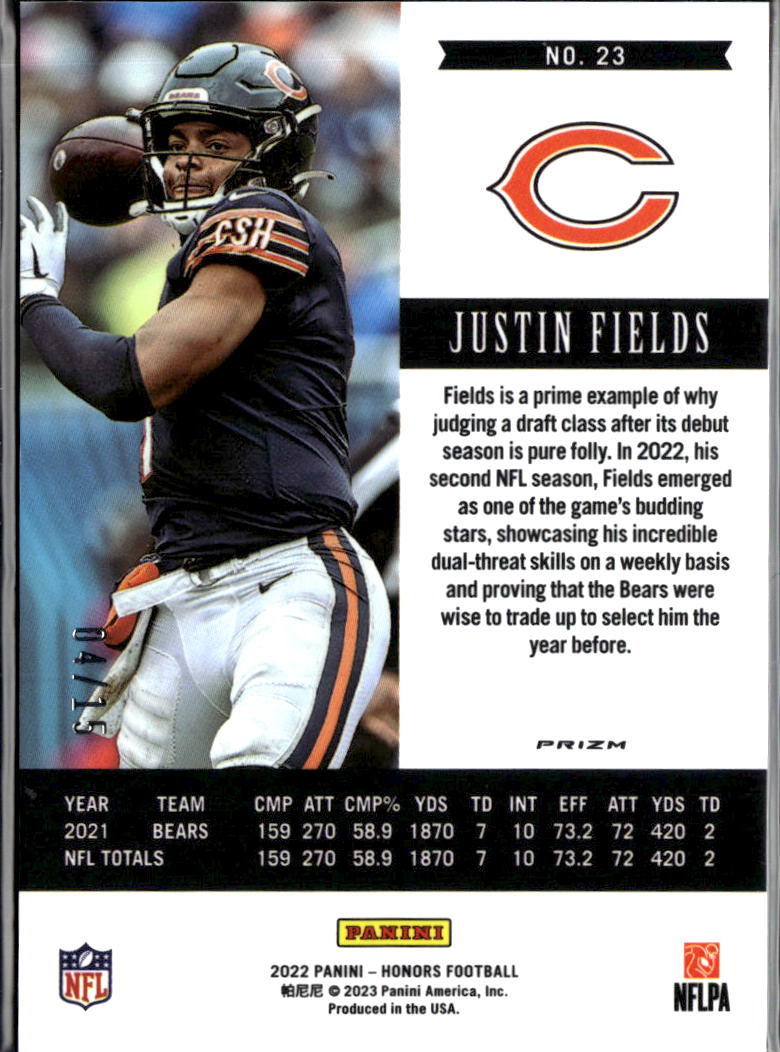 Justin Fields 2022 Honors Blue Ice Prizm SSP 4/15 Chicago Bears