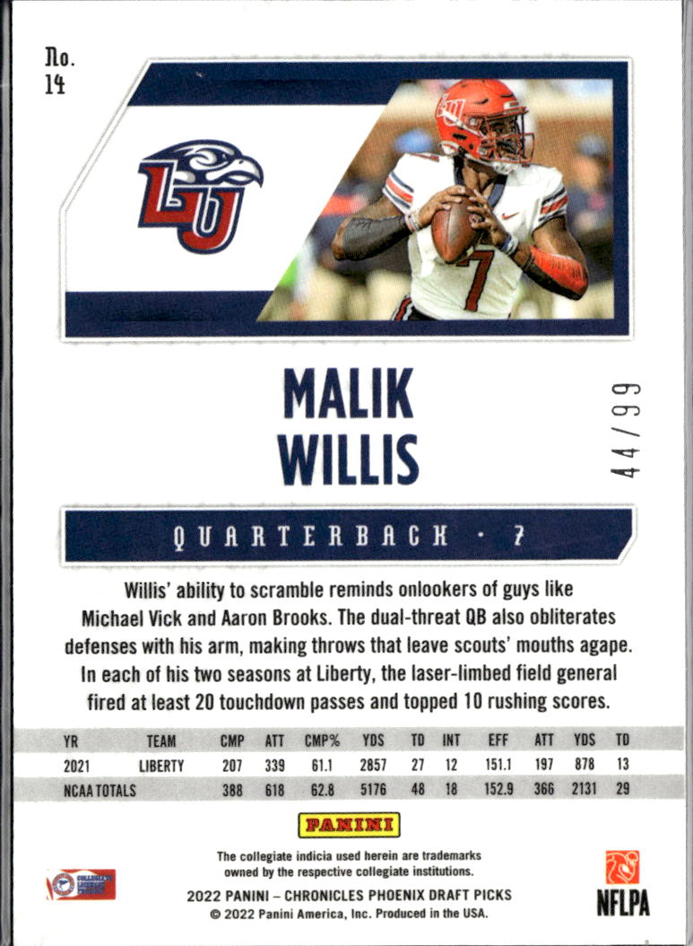Malik Willis 2022  Chronicles Phoenix Blue Rookie RC 44/99 Liberty Flames