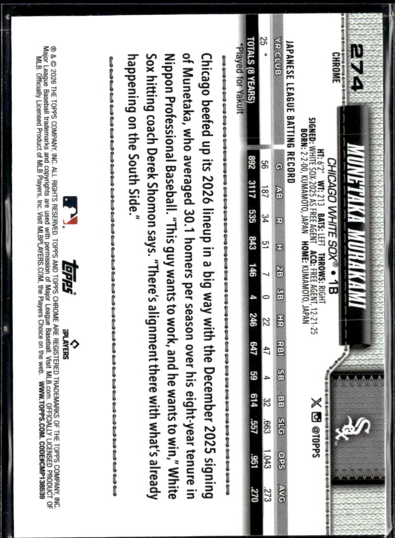 Munetaka Murakami 2026 Topps Chrome Rookie RC Chicago White Sox
