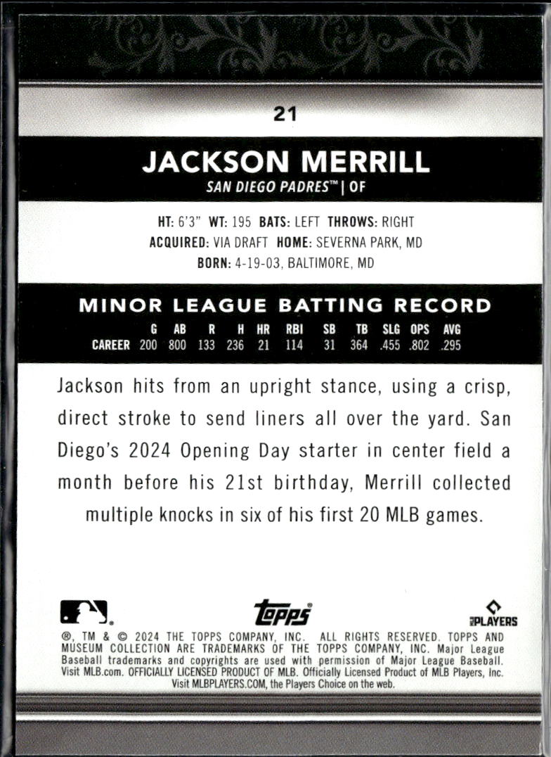Jackson Merrill 2024 Topps Museum Collection Rookie RC San Diego Padres