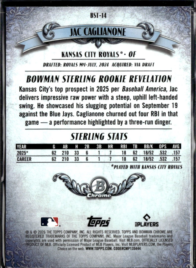 Jac Caglianone 2026 Bowman Sterling RC Rookie  Kansas City Royals