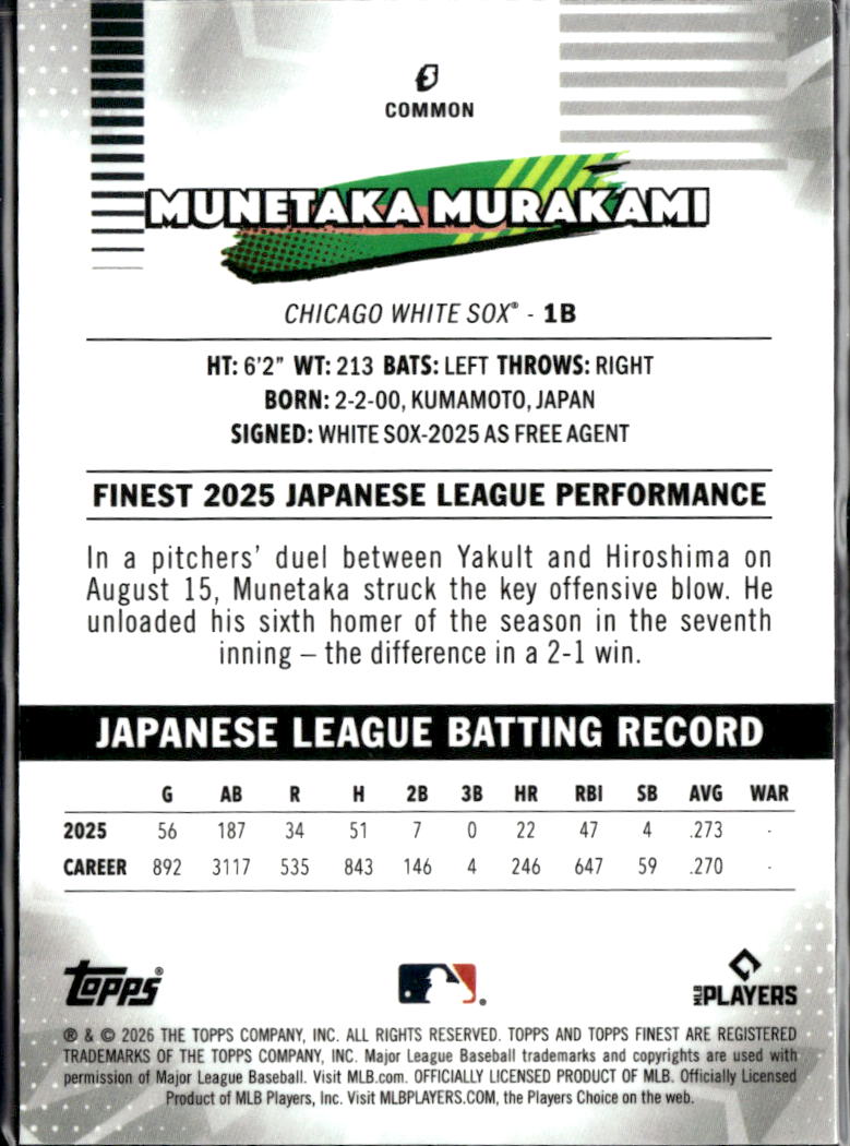 Munetaka Murakami 2026 Topps Finest Rookie RC Chicago White Sox