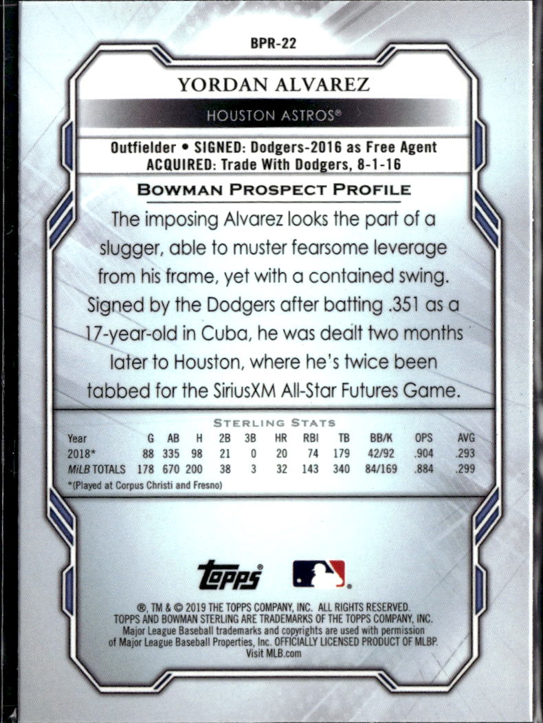 Yordan Alvarez 2019 Bowman Sterling Proespect Rookie Houston Astros