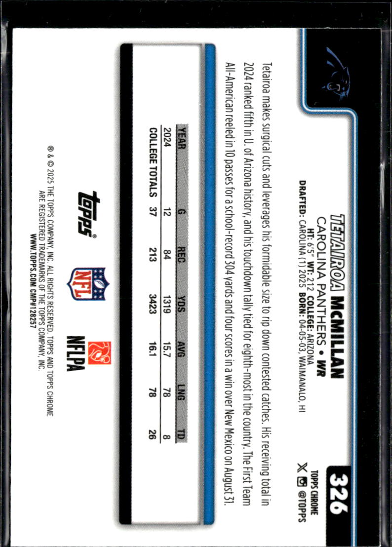 Tetairoa McMillan 2025 Topps Chrome Red White Blue Rookie RC Carolina Panthers