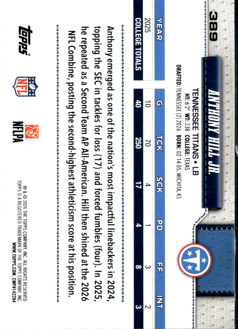 Anthony Hill Jr. 2026 Topps Rainbow Foil Rookie RC Tennessee Titans