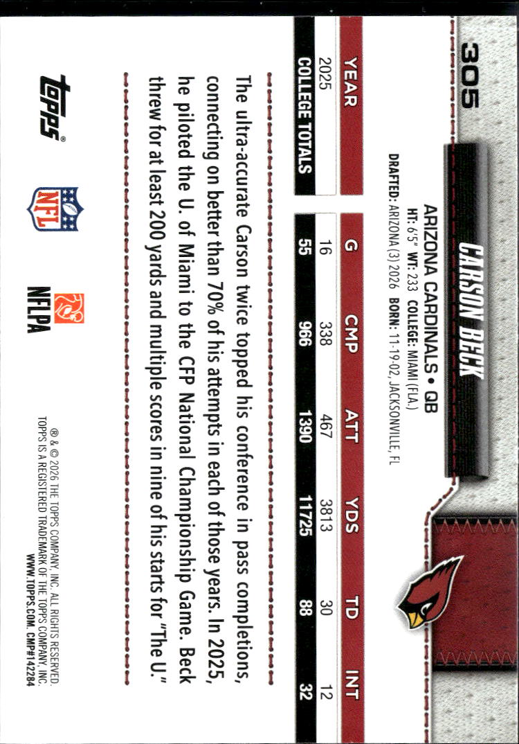Carson Beck 2026 Topps RC Rookie Arizona Cardinals