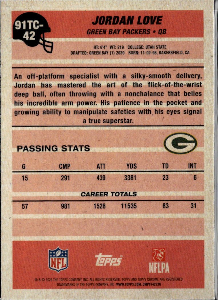 Jordan Love 2026 Topps Chrome '91 Silver Pack Refractor Green Bay Packers