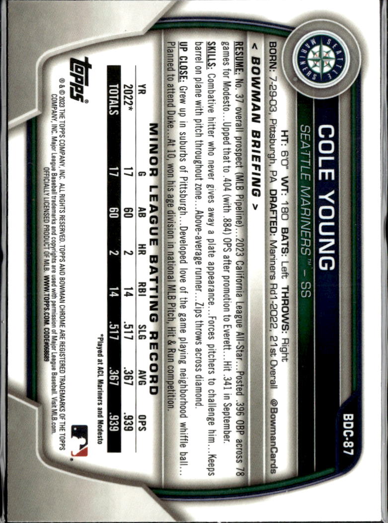 Cole Young 2023 Bowman Chrome Purple 87/250 Seattle Mariners