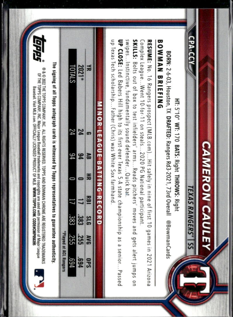 Cameron Cauley 2022 Bowman Chrome Auto Autograph Texas Rangers