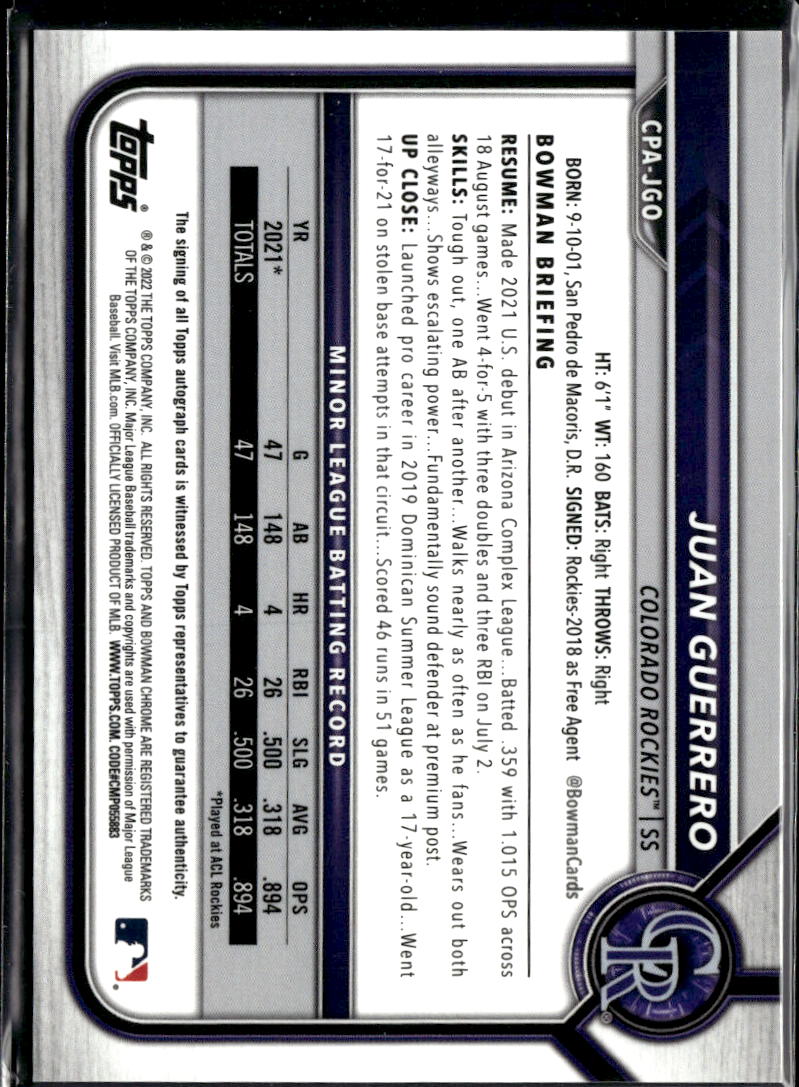 Juan Guerrero 2022 Bowman Chrome 1st Auto Autograph Colorado Rockies