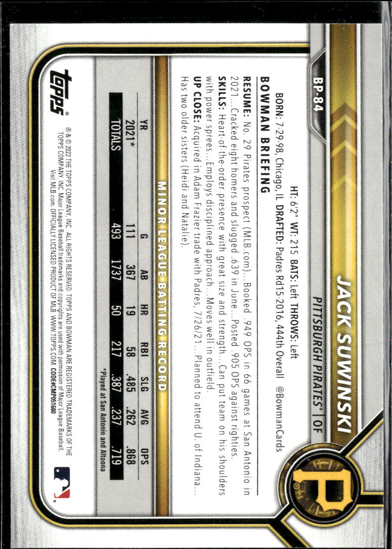 Jack Suwinski 2022 Bowman Prospects 1st Gold Paper 45/50 Pittsburgh Pirates