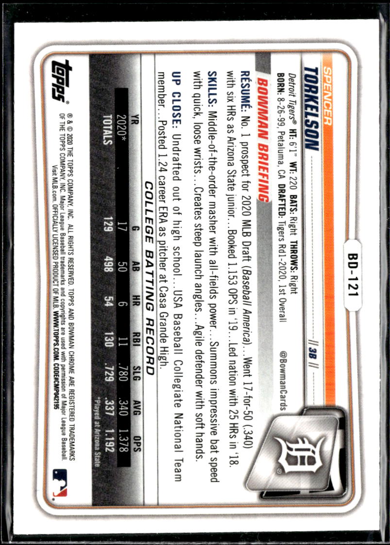 Spencer Torkelson 2020 Bowman Chrome 1st Sky Blue Refractor Detroit Tigers