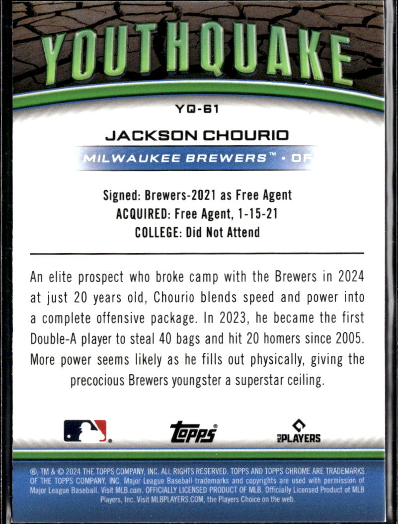 Jackson Chourio 2024 Topps Chrome Youthquake Rookie RC Milwaukee Brewers