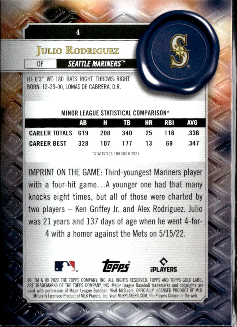 Julio Rodriguez 2022 Topps Gold Label RC Rookie Class 1 Seattle Mariners