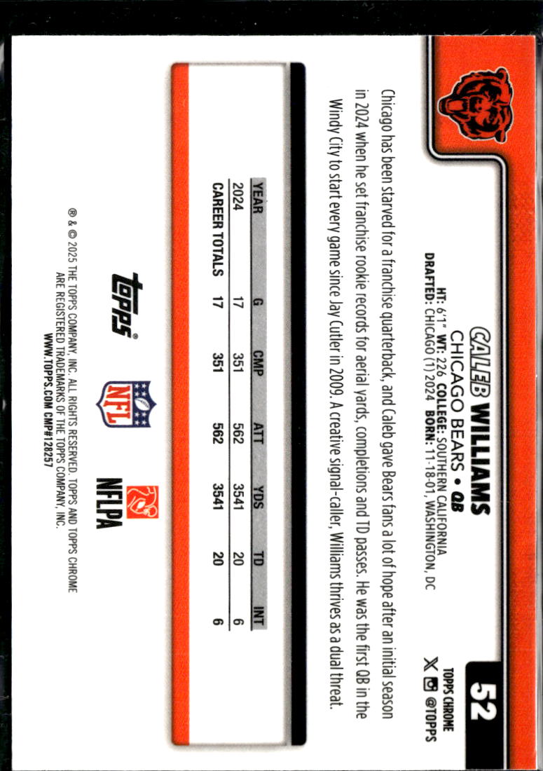 Caleb Williams 2025 Topps Chrome Raywave Lava Refractor Chicago Bears