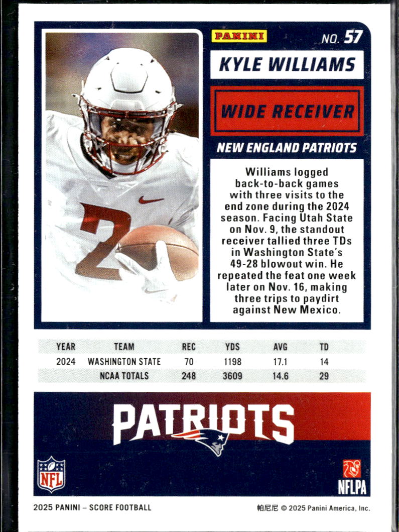 Kyle Williams 2025 Score RC Rookie /299 New England Patriots