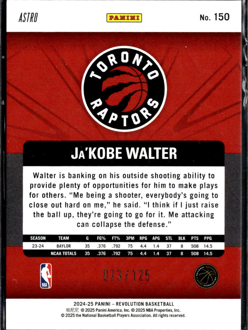 Ja'Kobe Walter 2025 Revolution Rookie RC Astro /125 Toronto Raptors